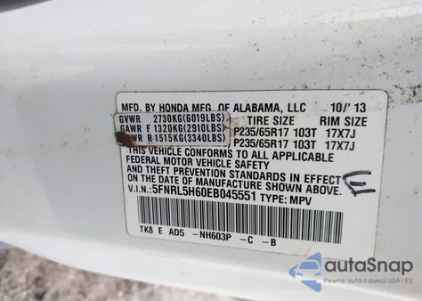 2014 Honda Odyssey Ex-L z USA, uszkodzony, nr VIN 5FNRL5H60EB045551